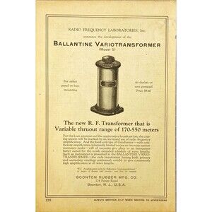 Boonton Rubber MFG. R.F. Variotransformer "Range of 170-550 Meters"Print Ad 1923